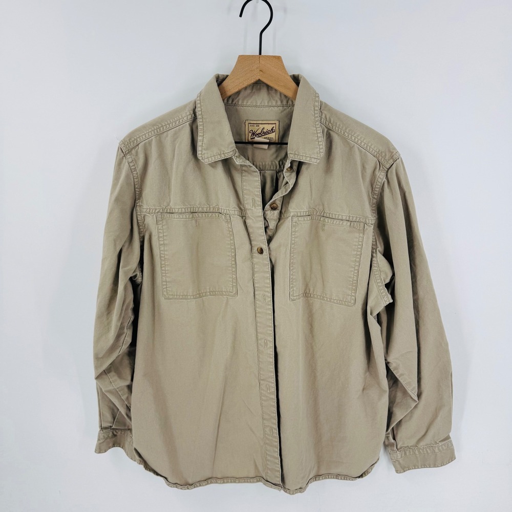 Woolrich Khaki Button Up Utility Shirt X Large‎ Cotton Neutral Layering Cabin